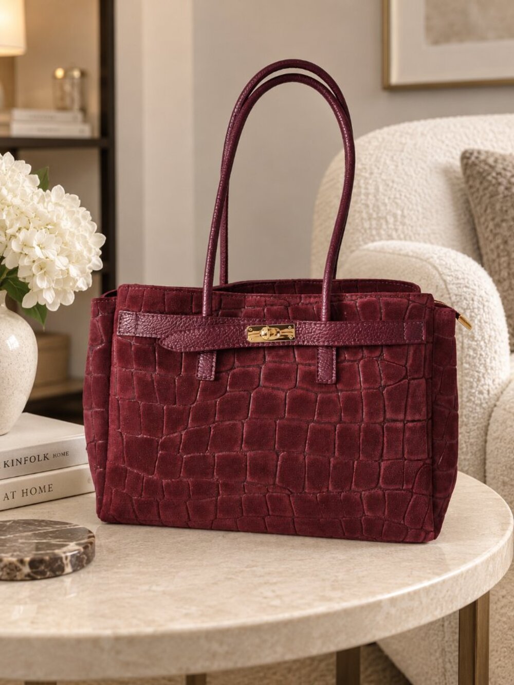 Burgundy Suede Tote Bag, Croc Embossed Leather Shoulder Bag, Medium Work Bag